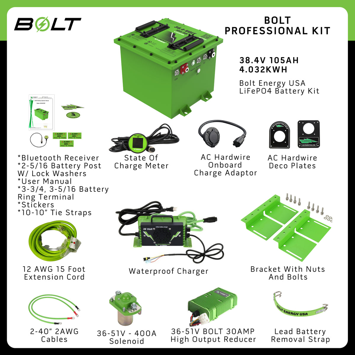 EZGO TXT Bolt Lithium 38V 105Ah Battery Bundle - 12 Year Warranty