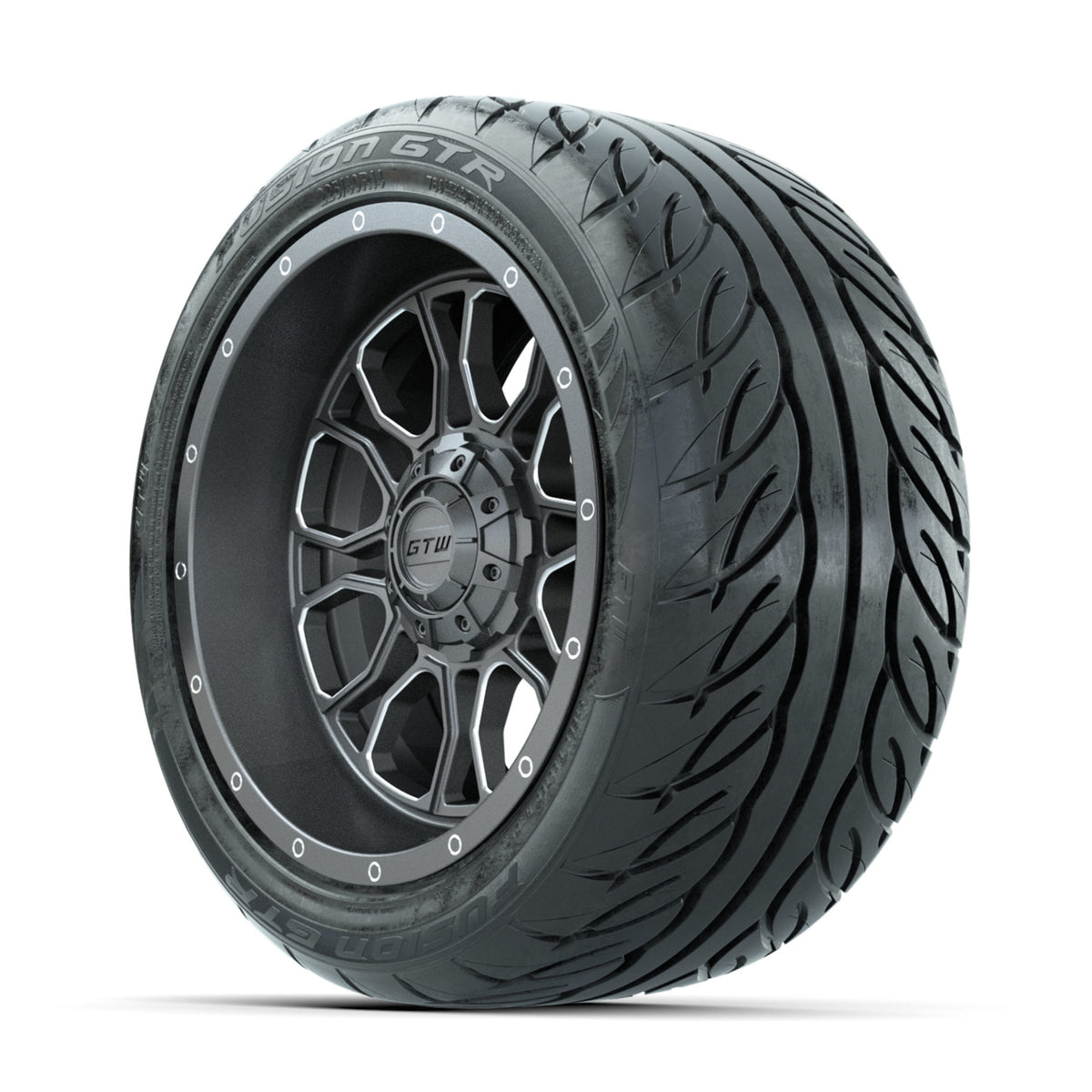 GTW Volt Gunmetal/Machined 14 in Wheels with 225/40-R14 Fusion GTR Street Tires Full Set