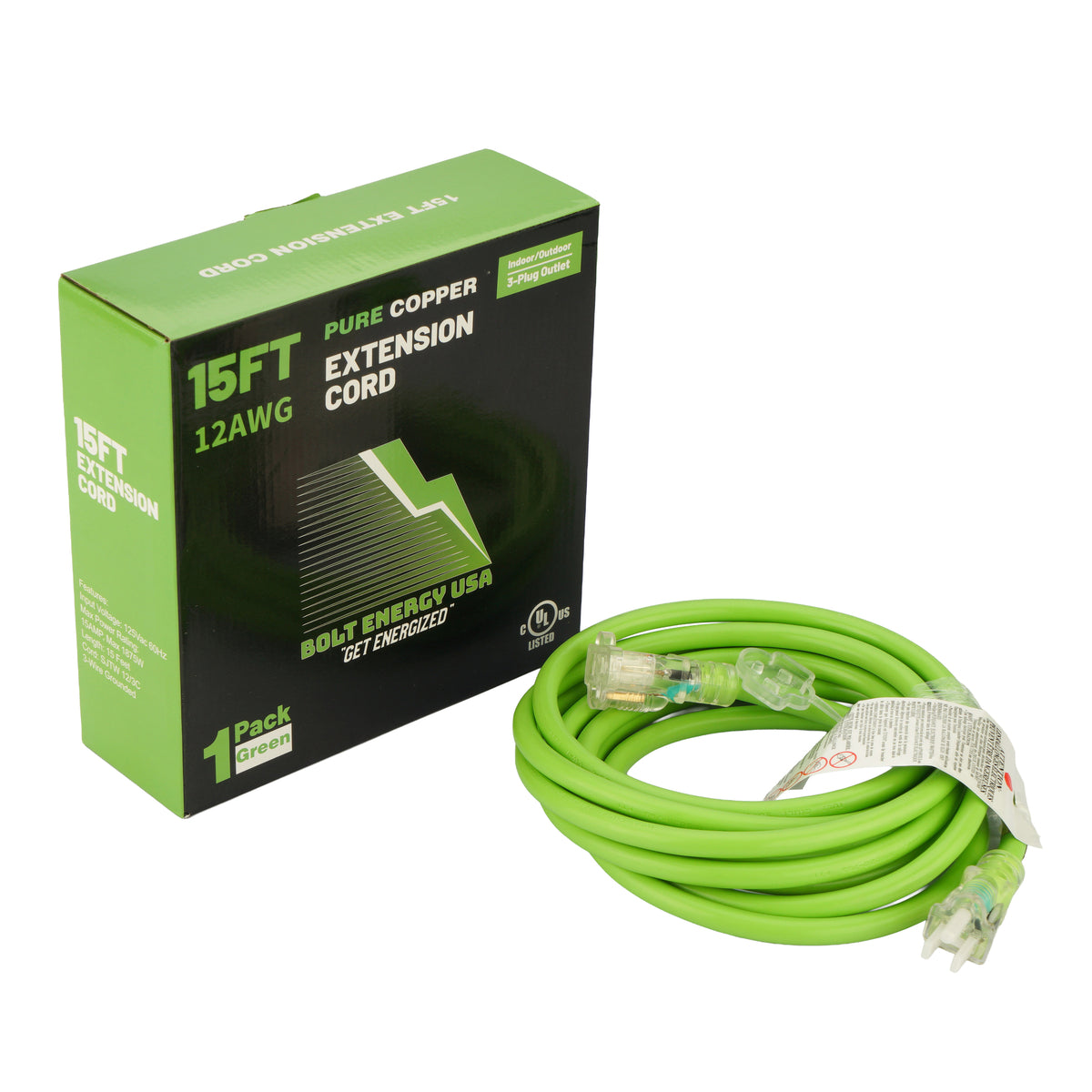 Bolt 12 AWG Heavy Duty Extension Cord for Lithium Golf Cart Chargers — 15ft, LED Indicator