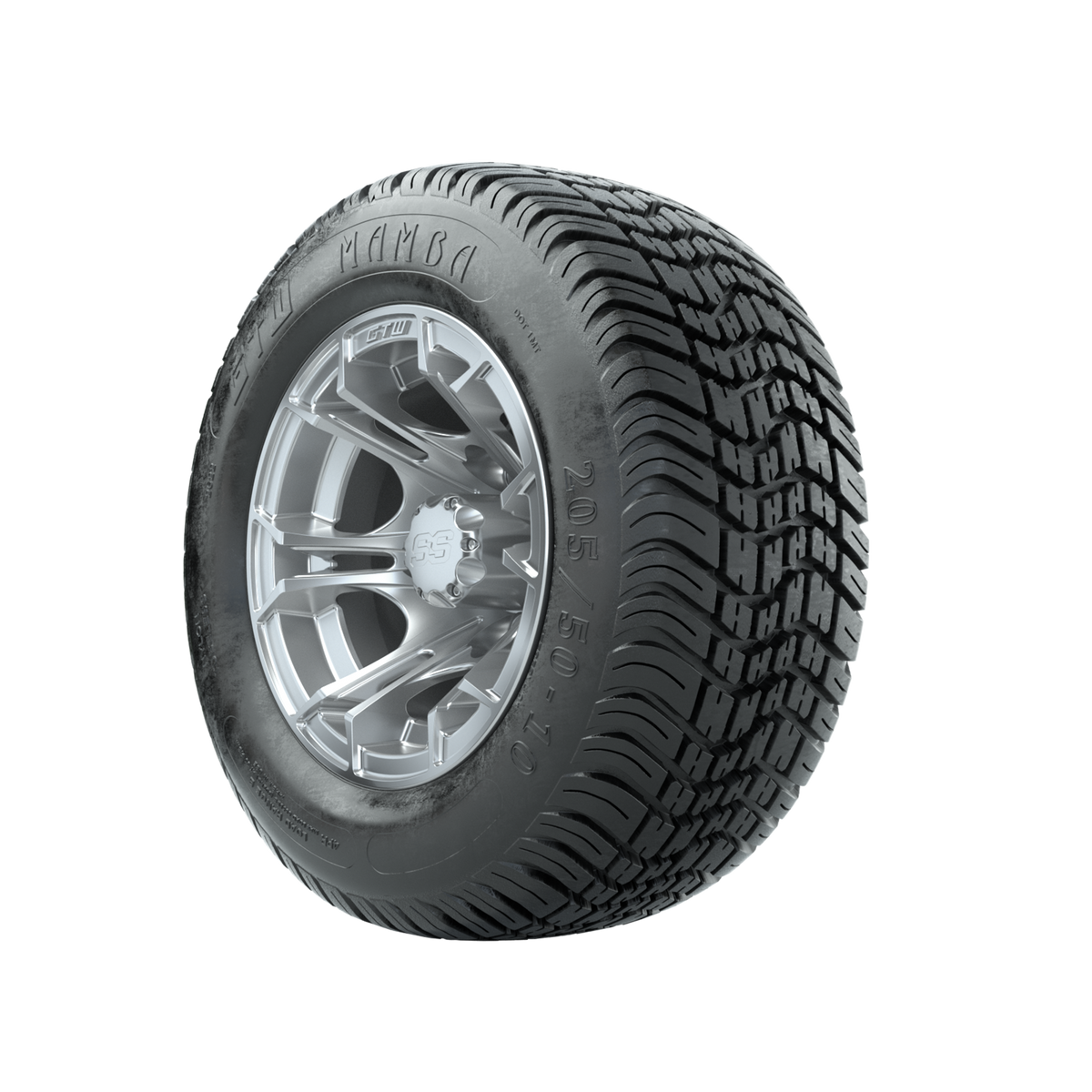 GTW Spyder Silver Brush 10 in Wheels with 205/50-10 Mamba Street Tires Full Set