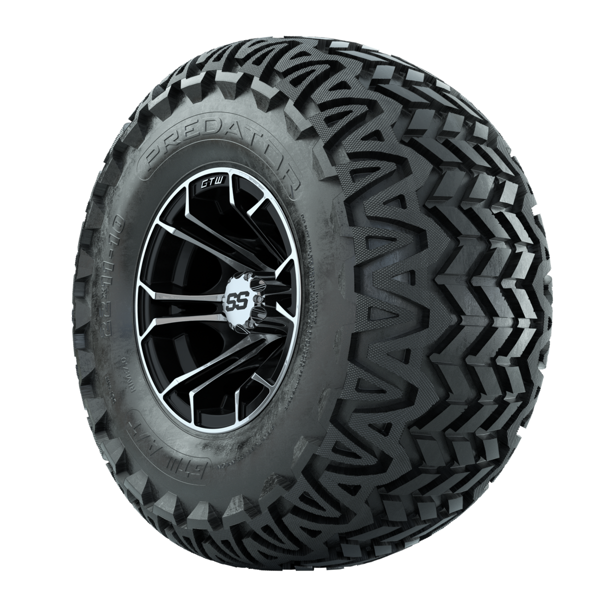 GTW Spyder Machined/Black 10 in Wheels with 22x11-10 Predator All Terrain Tires Full Set
