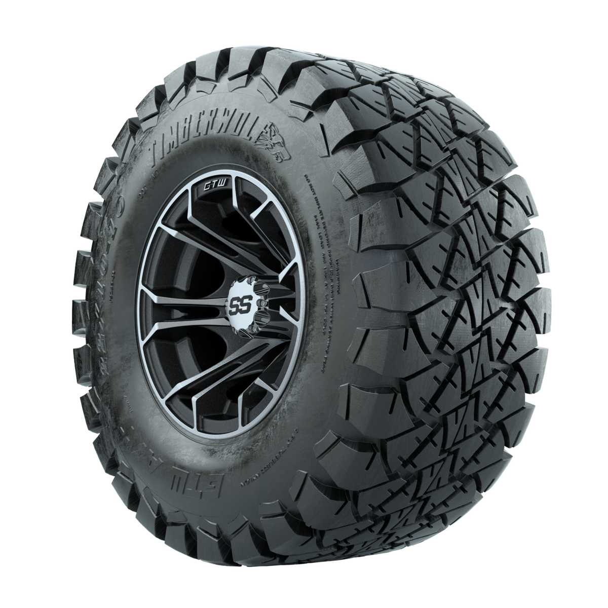 GTW Spyder Machined/Matte Grey 10 in Wheels with 22x10-10 Timberwolf All Terrain Tires Full Set