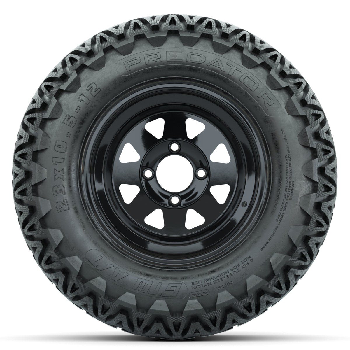 12" Gloss Black Steel Spoke Golf Cart Wheels & 23x10.5x12 Predator All Terrain Tires – Set of 4