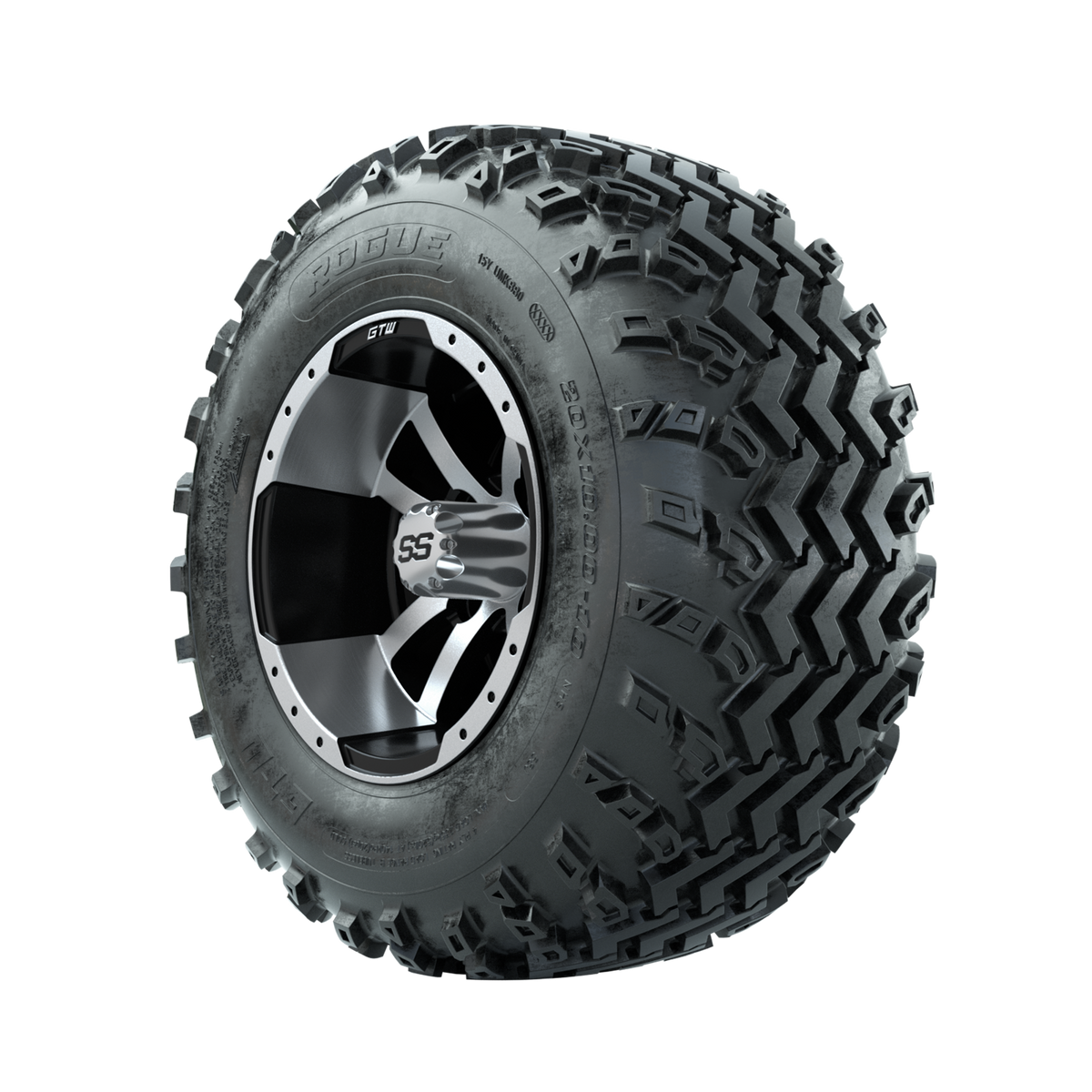 GTW Storm Trooper Machined/Black 10 in Wheels with 20x10.00-10 Rogue All Terrain Tires Full Set