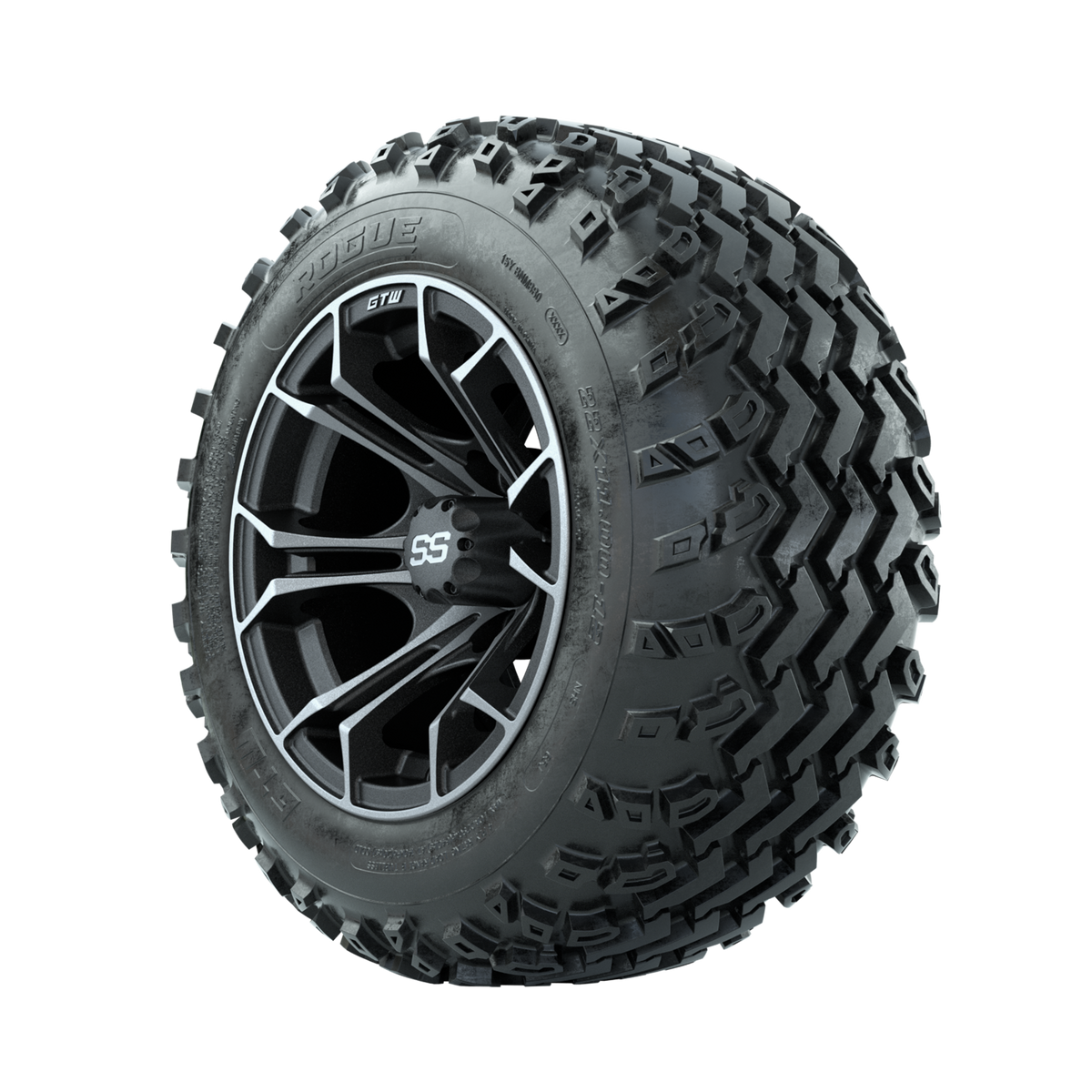 GTW Spyder Machined/Grey 12" Wheels with 22x11.00-12 Rogue All Terrain Tires Full Set