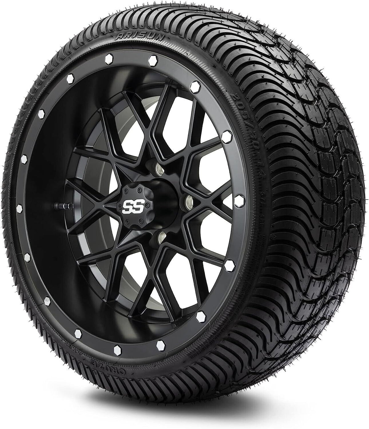 14" GTW® Vortex Matte Black Golf Cart Wheels & 205/30-14 Fusion Low-Profile Street Tires (Set of 4)