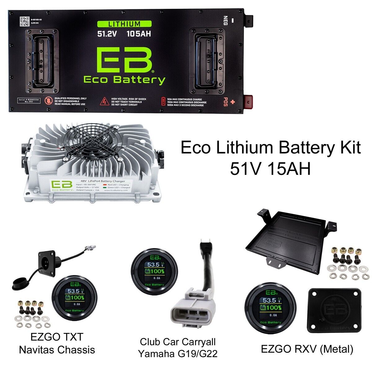 Eco Battery 51V 105aH LifePoh4 Lithium Golf Cart Battery Kit for Club Car DS Gen 3 10 Year Warranty