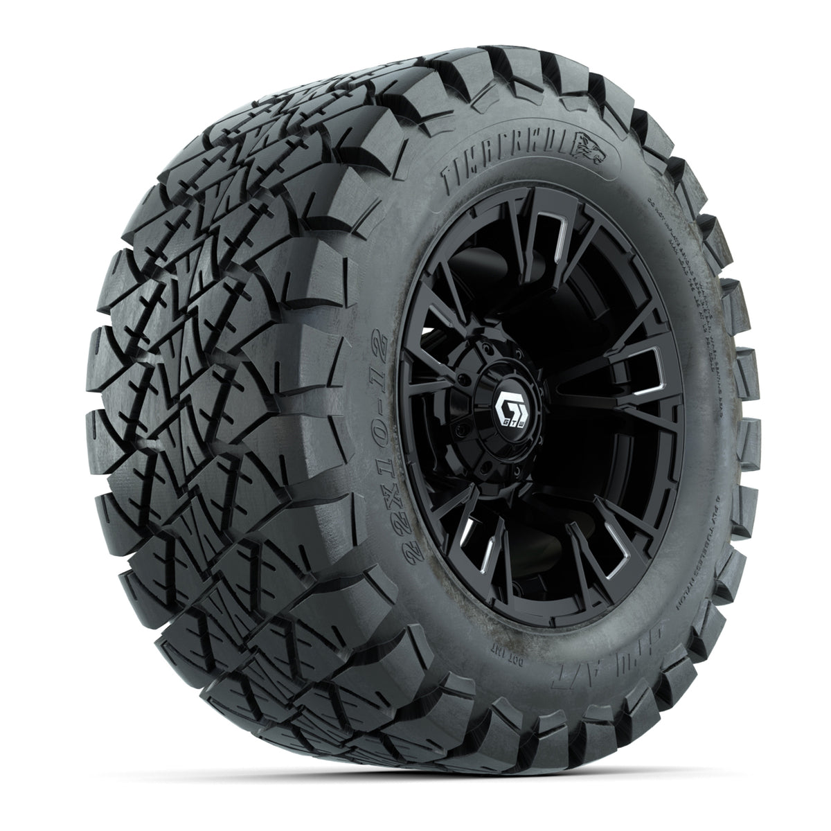 GTW® Vandal Matte Black/Machined 12 in Wheels with 22x10-12 Timberwolf All-Terrain Tires Full Set
