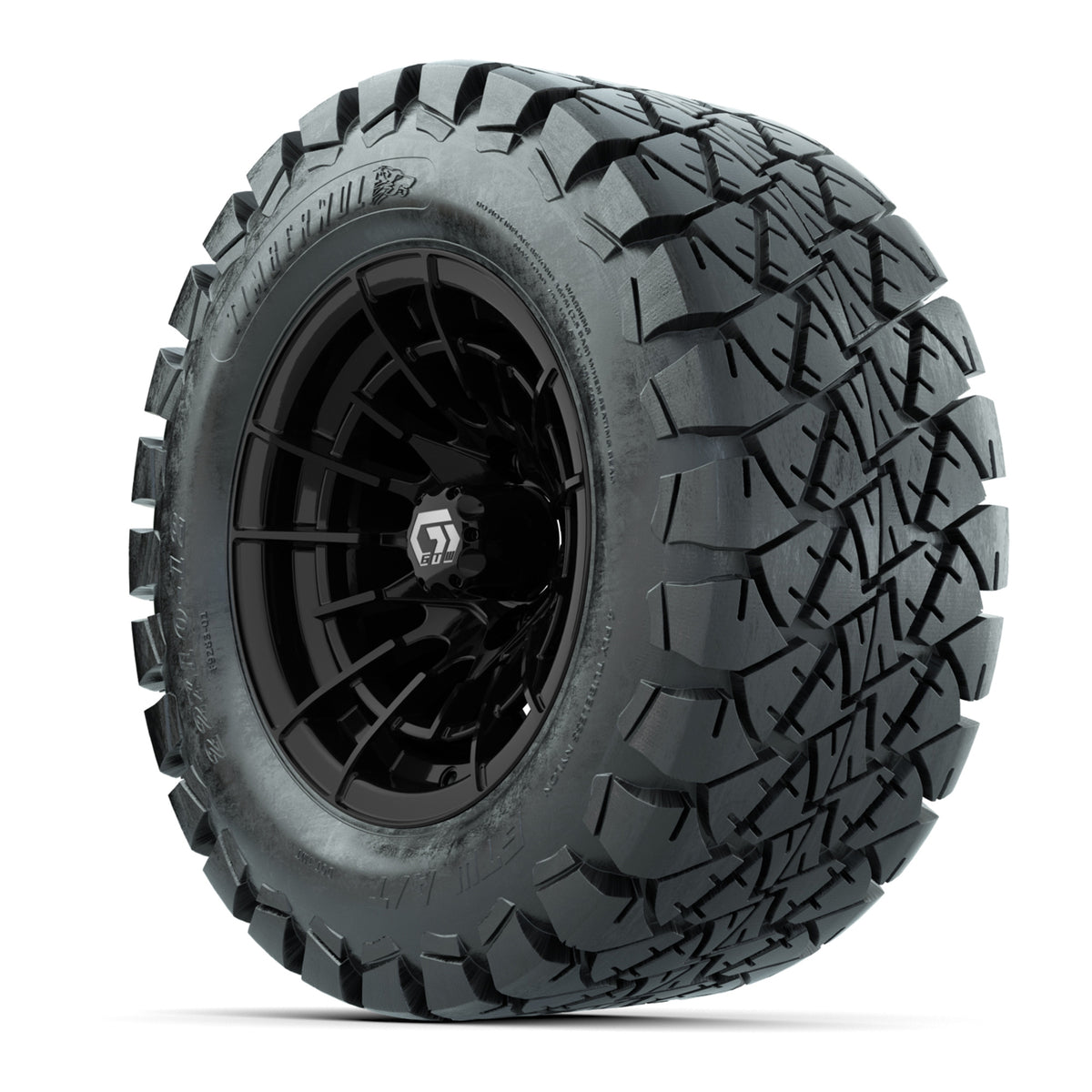 GTW® Boost Gloss Black 12 in Wheels with 22x10-12 Timberwolf All-Terrain Tires Full Set