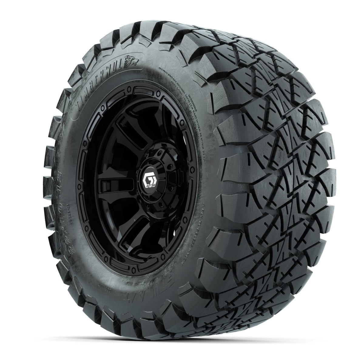 GTW® Shogun Gloss Black 12 in Wheels with 22x10-12 Timberwolf All-Terrain Tires Full Set