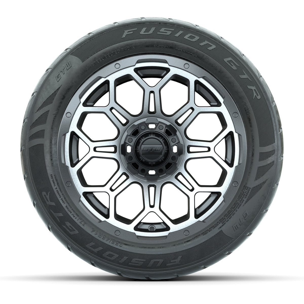 14" GTW® Bravo Matte Gray/Machined Golf Cart Wheels & 255/45-R14 Fusion GTR Radial Street Tires (Set of 4)