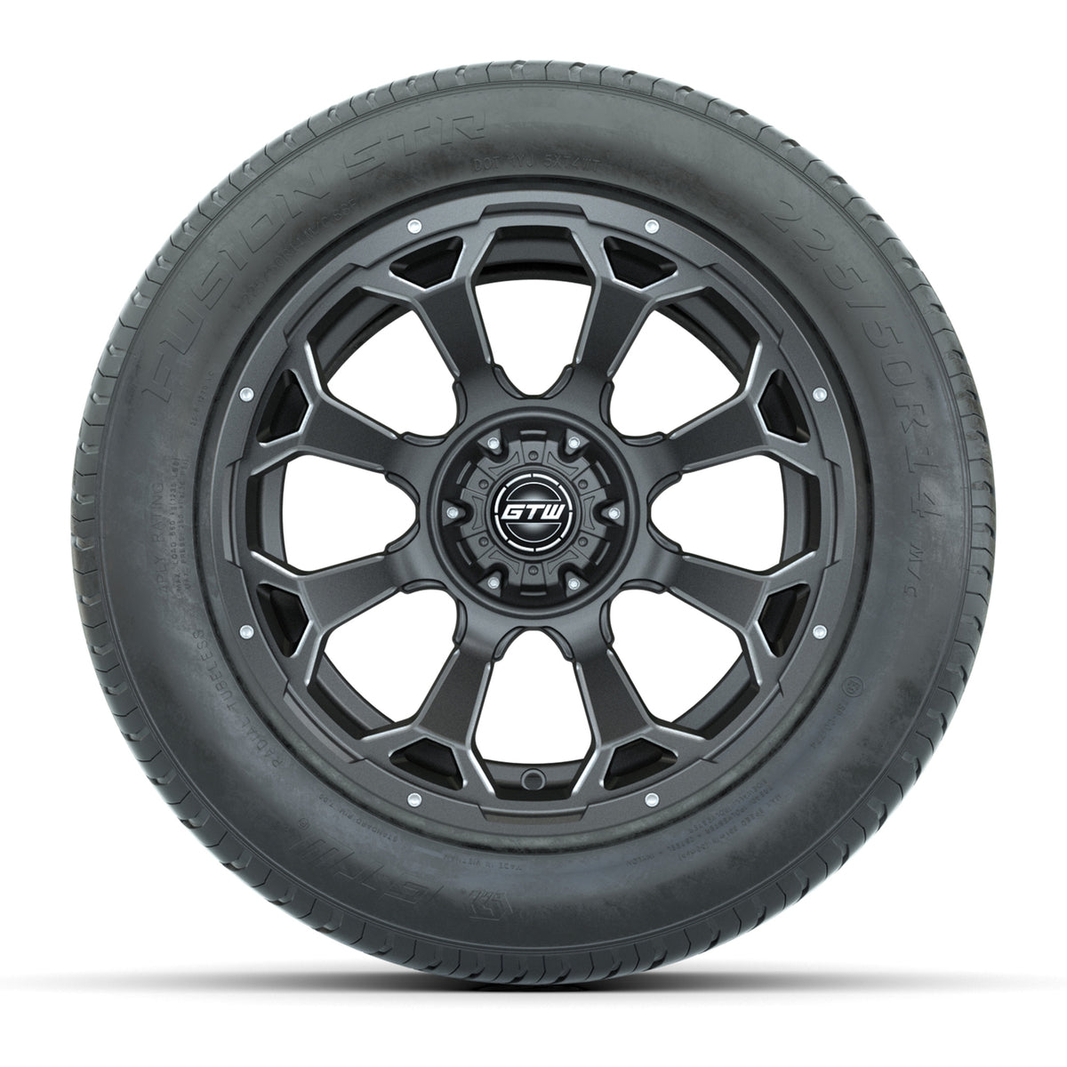 GTW® Raven Matte Gray 14" Wheels with 225/50-R14 Fusion STR DOT Approved Street Tires - Full Set