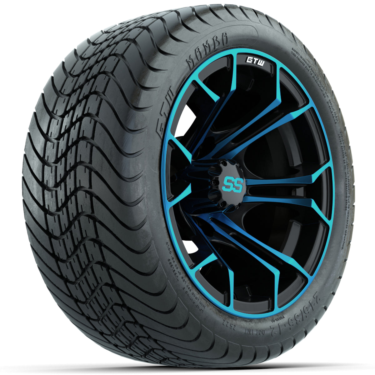 GTW Spyder Blue/Black 12" Wheels with 215/35-12 GTW Mamba Street Tires Full Set