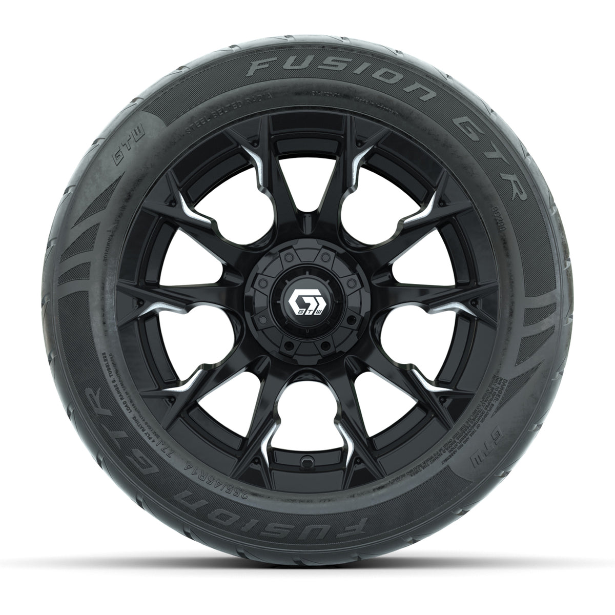 14" GTW® Diablo Gloss Black/Machined Golf Cart Wheels & 255/45-R14 Fusion GTR Radial Street Tires (Set of 4)