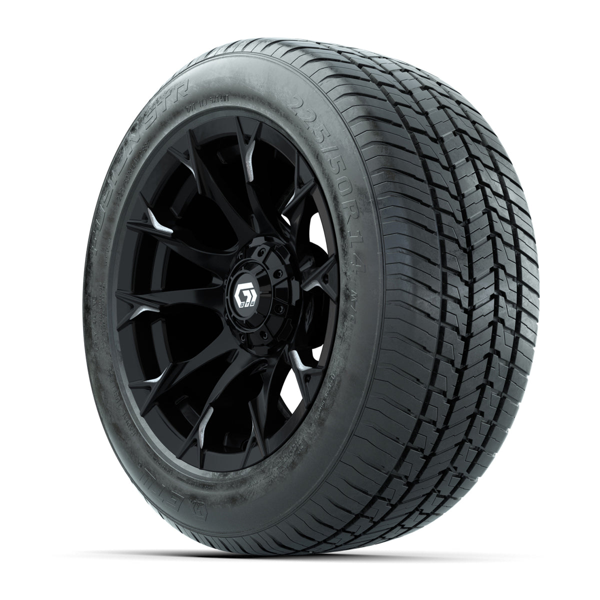 GTW® Diablo Gloss Black and Machined 14" Wheels with 225/50-R14 Fusion STR DOT Approved Street Tires - Full Set