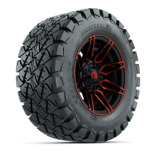 GTW® Stealth Black/Red 12 in Wheels with 22x10-12 Timberwolf All-Terrain Tires Full Set