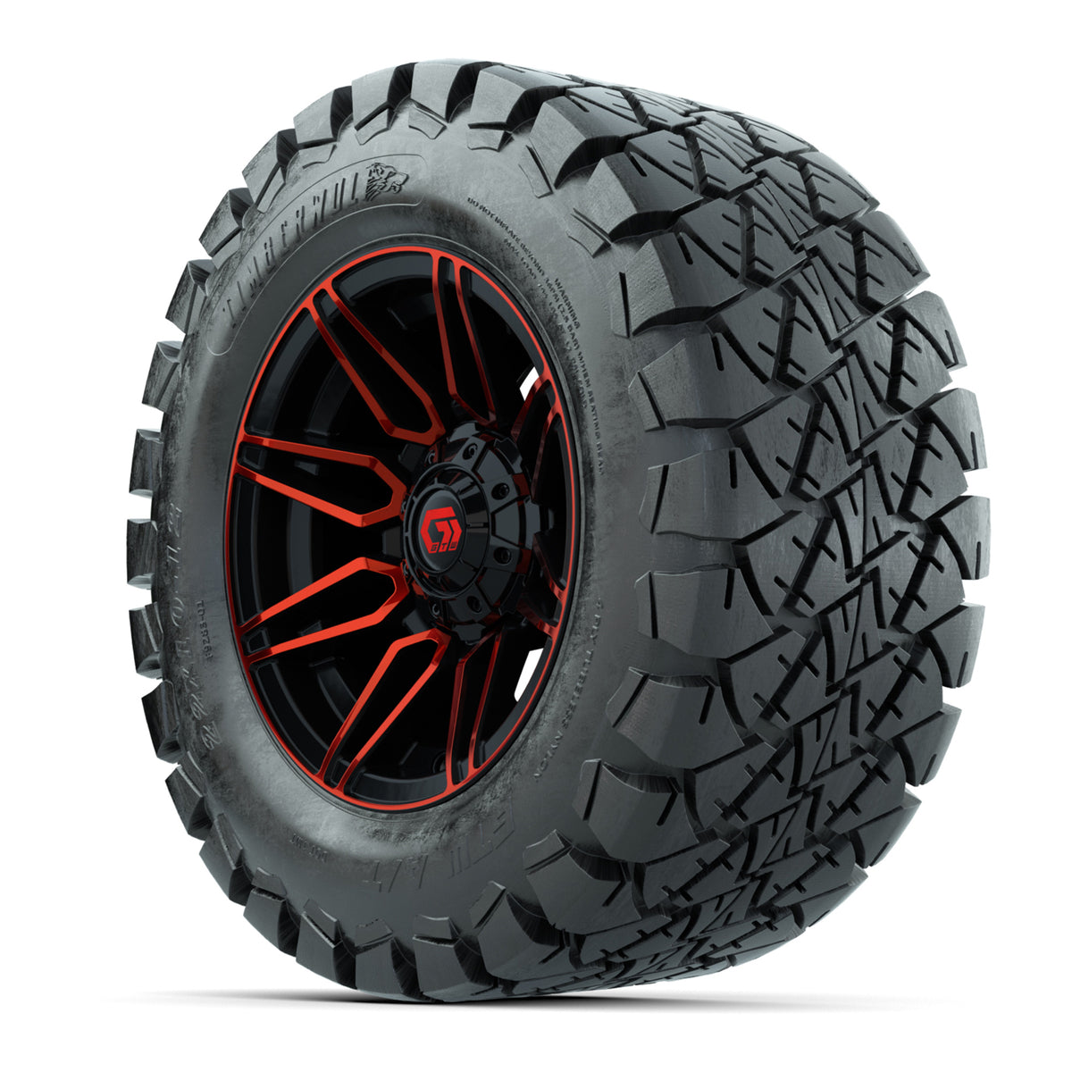 GTW® Stealth Black/Red 12 in Wheels with 22x10-12 Timberwolf All-Terrain Tires Full Set