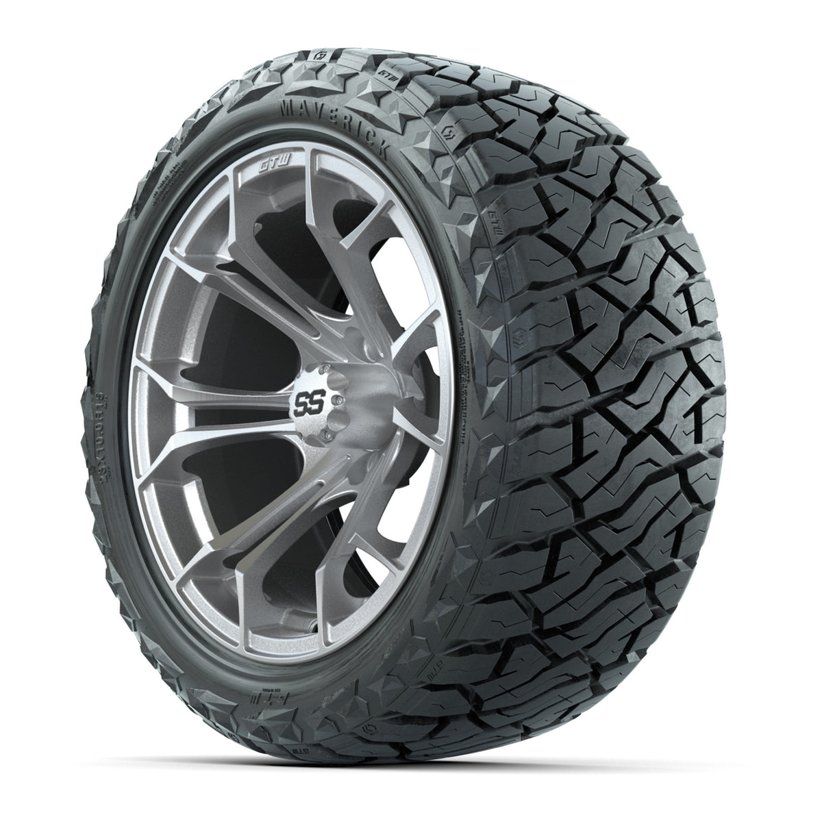GTW Spyder Silver/Machined 15" Wheels & 23x10.00-R15 Maverick All-Terrain Tires – Set of 4