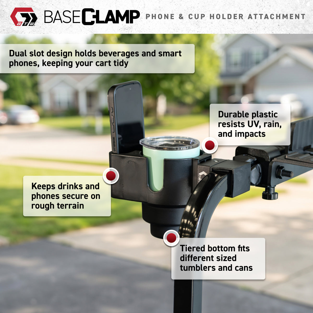 GTW BaseClamp Golf Cart Cup & Phone Holder with Mounting Clamp