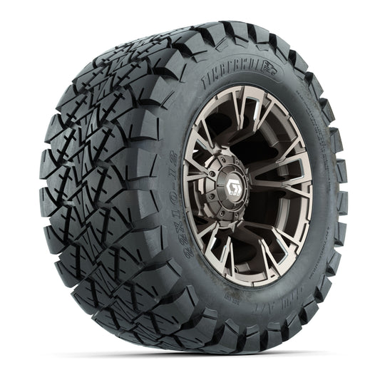 GTW® Vandal Satin Bronze/Machined 12 in Wheels with 22x10-12 Timberwolf All-Terrain Tires Full Set