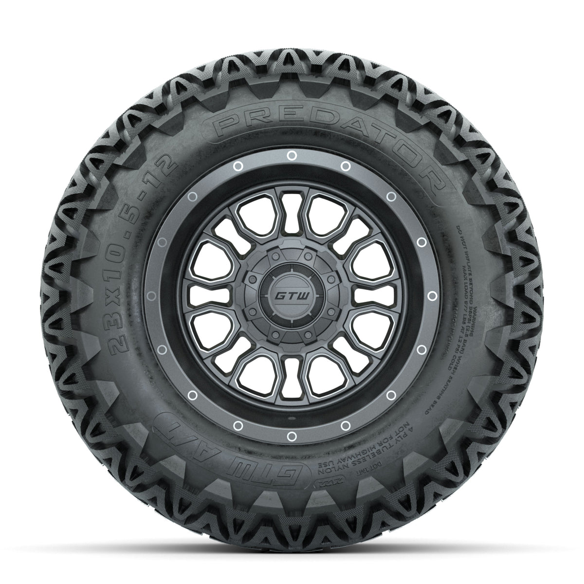 GTW Volt Gunmetal/Machined 12" Wheels with 23x10.5-12 Predator All Terrain Tires Full Set