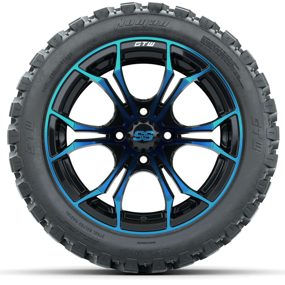 GTW Spyder Blue/Black 14" Wheels with 23x10-14 GTW Nomad All-Terrain Tires Full Set