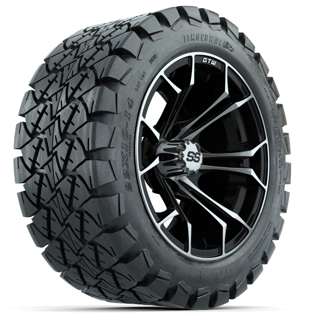 GTW Spyder Machined/Black 14 in Wheels with 22x10-14 GTW Timberwolf All-Terrain Tires Full Set