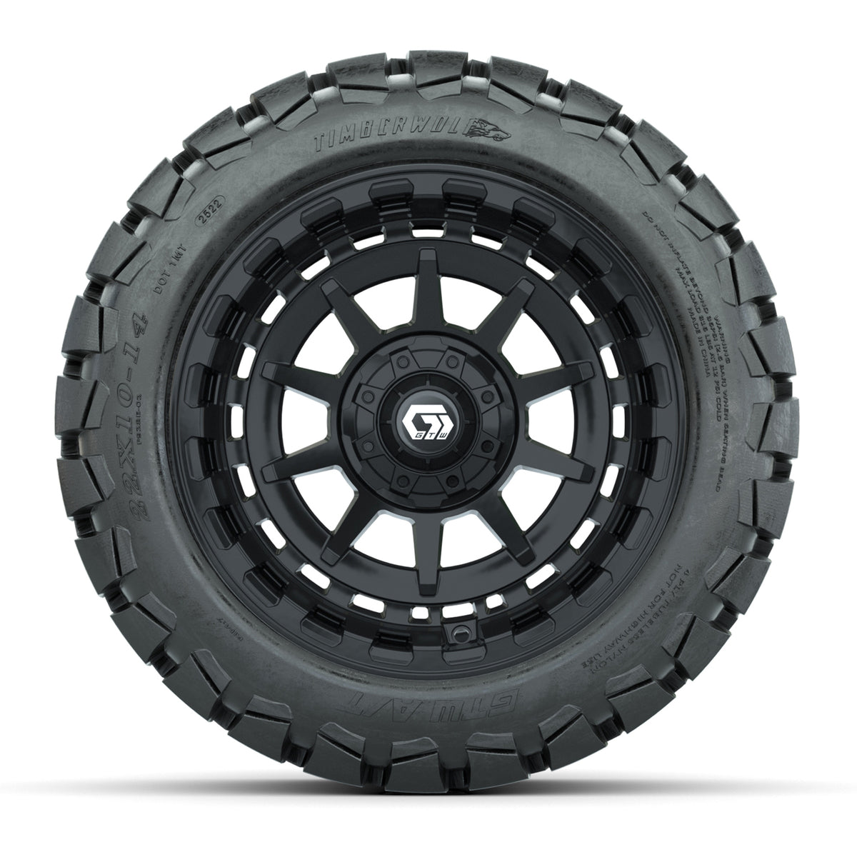 GTW® Barricade Gloss Black 14 in Wheels with 22x10-14 Timberwolf All-Terrain Tires Full Set