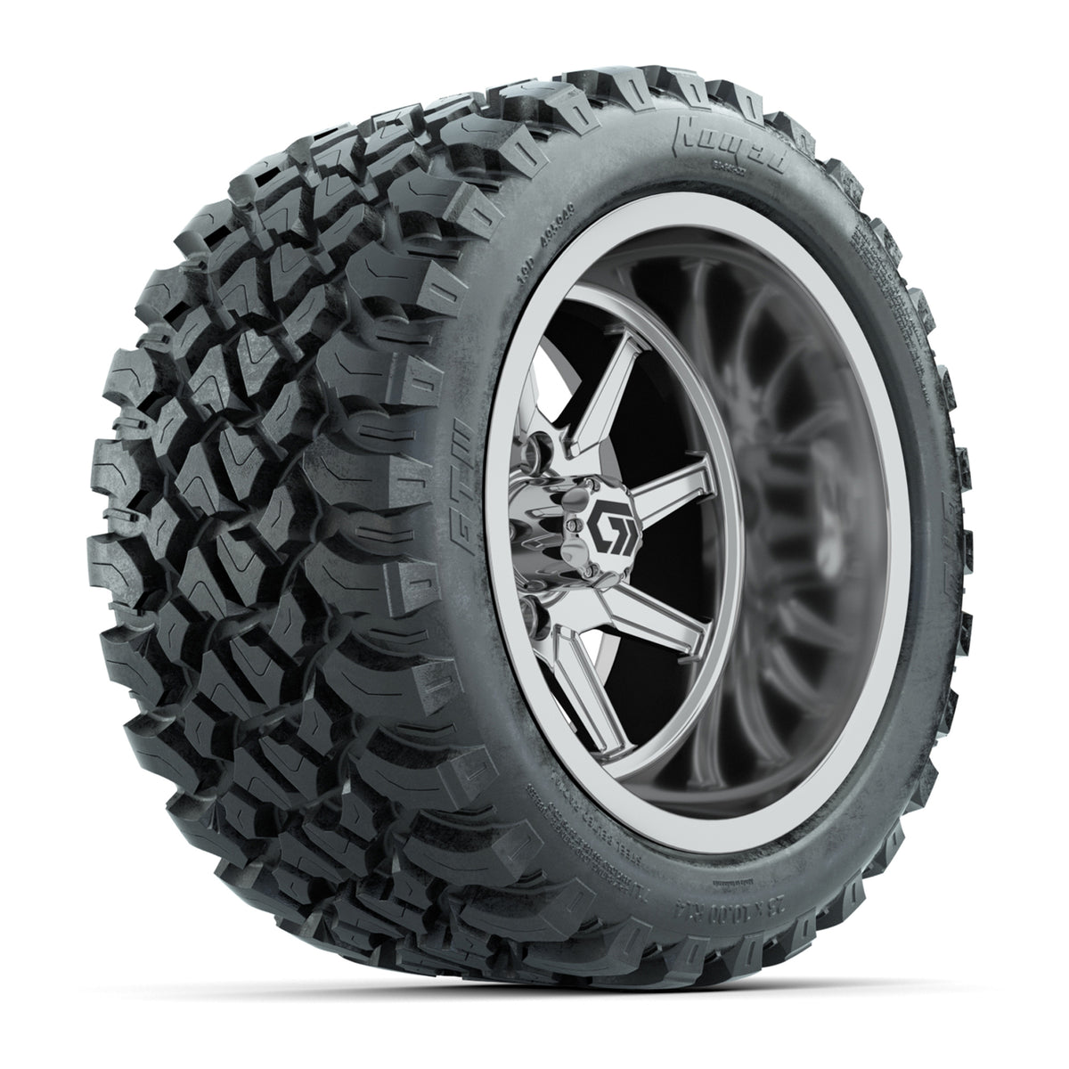 GTW Reaper Chrome 14" Golf Cart Wheels & 23X10-R14 Nomad Steel Belted Radial A/T Tires – Set of 4