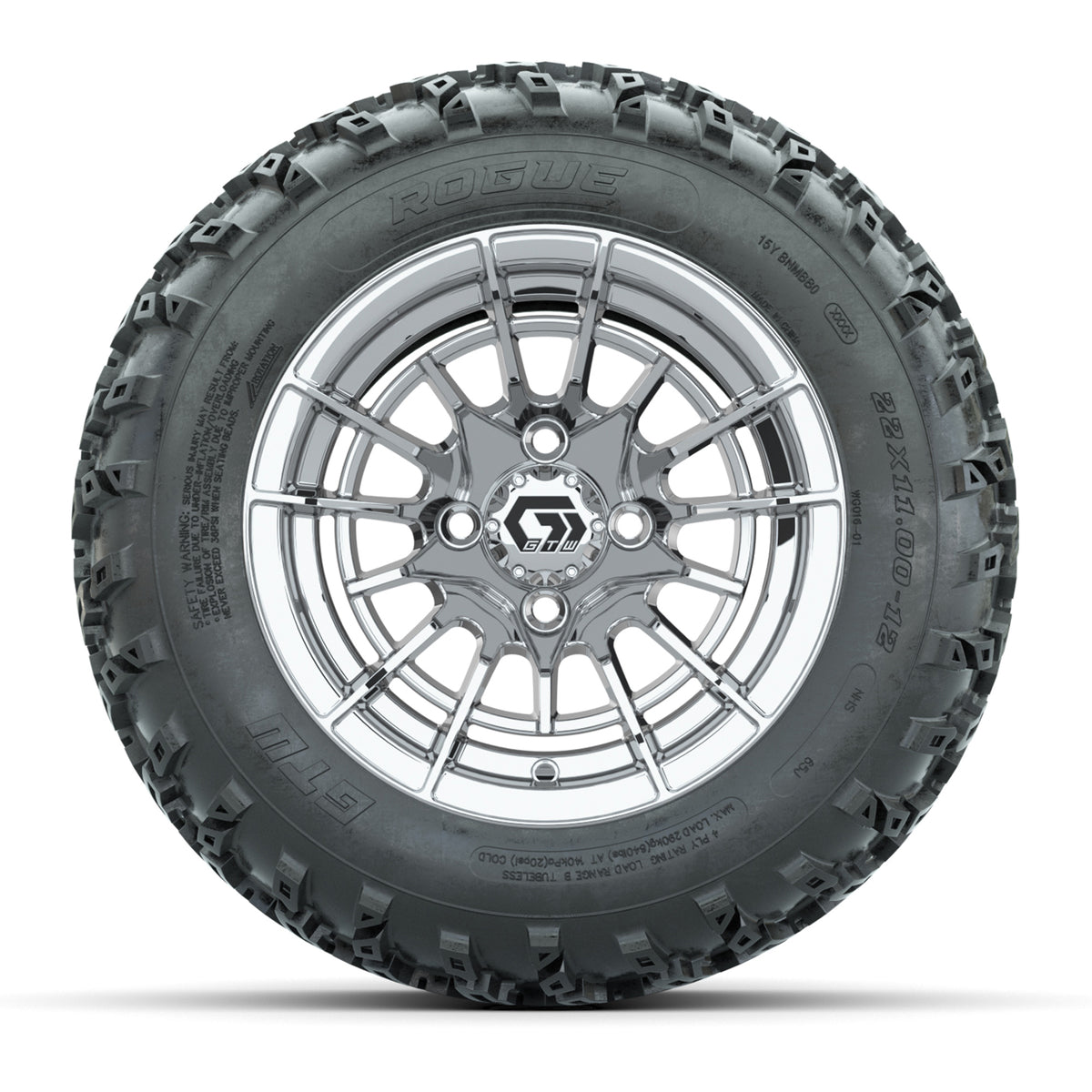 GTW® Boost Chrome 12 in Wheels with 22x11.00-12 Rogue All-Terrain Tires Full Set