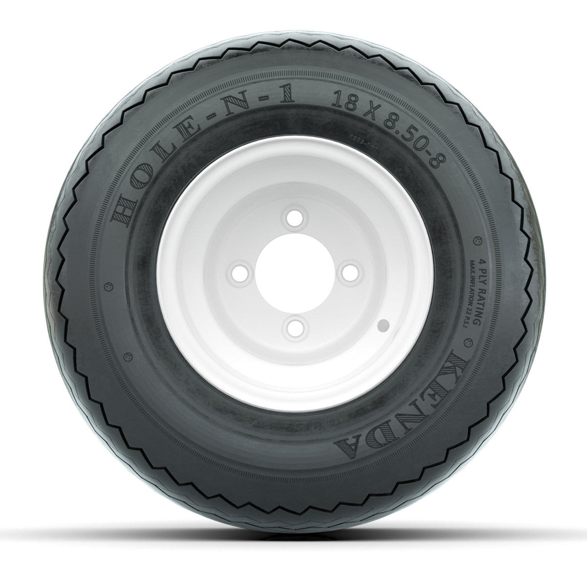 Set of (4) 8" White Steel Offset Wheels with 18 in Kenda Hole-N-1 Tires