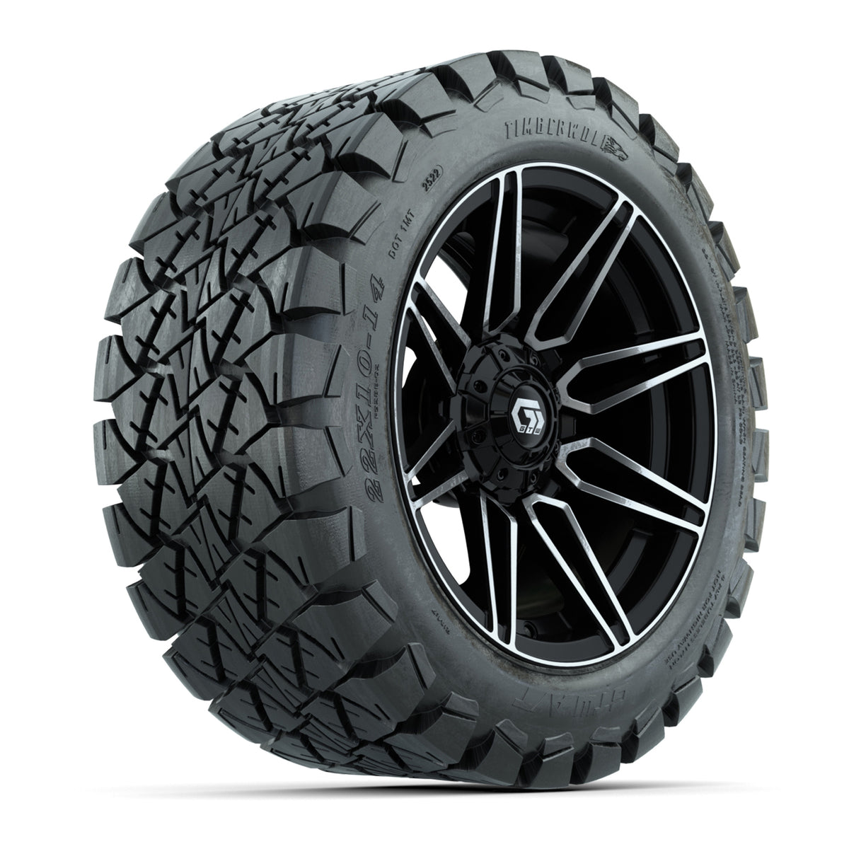 GTW® Stealth Gloss Black/Machined 14 in Wheels with 22x10-14 Timberwolf All-Terrain Tires Full Set