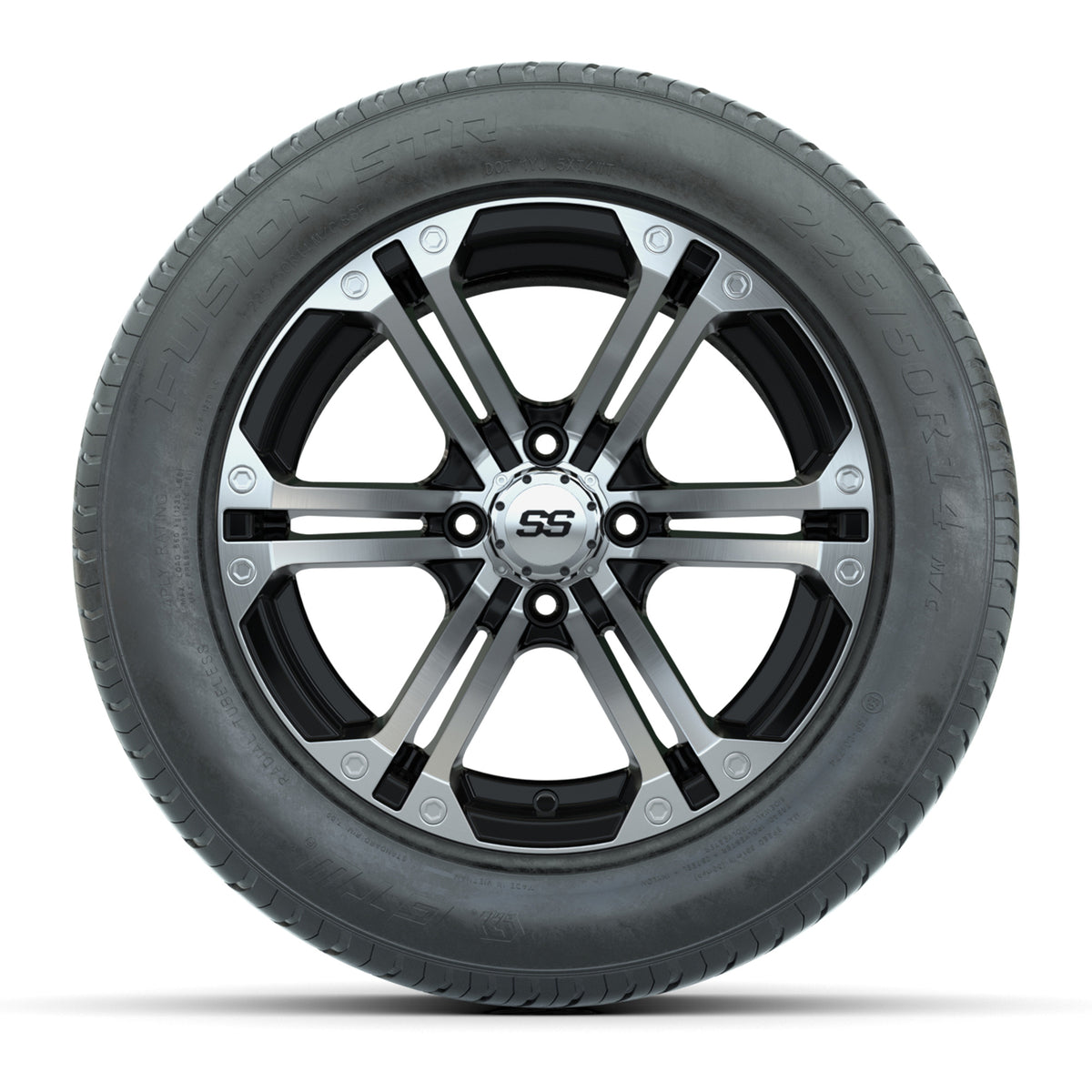 GTW® Specter Black and Machined 14" Wheels with 225/50-R14 Fusion STR DOT Approved Street Tires - Full Set