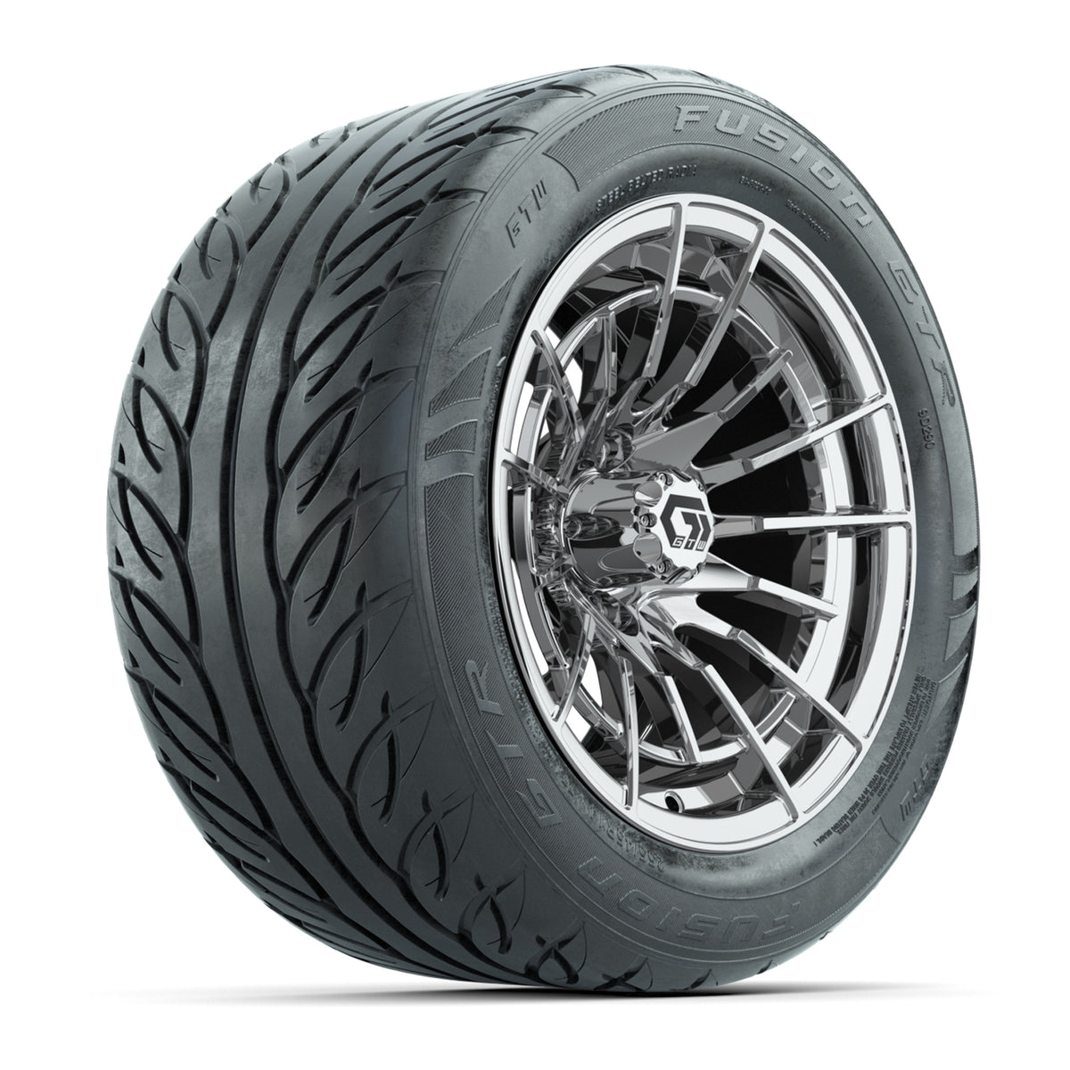 14" GTW® Boost Chrome Golf Cart Wheels & 255/45-R14 Fusion GTR Radial Street Tires (Set of 4)