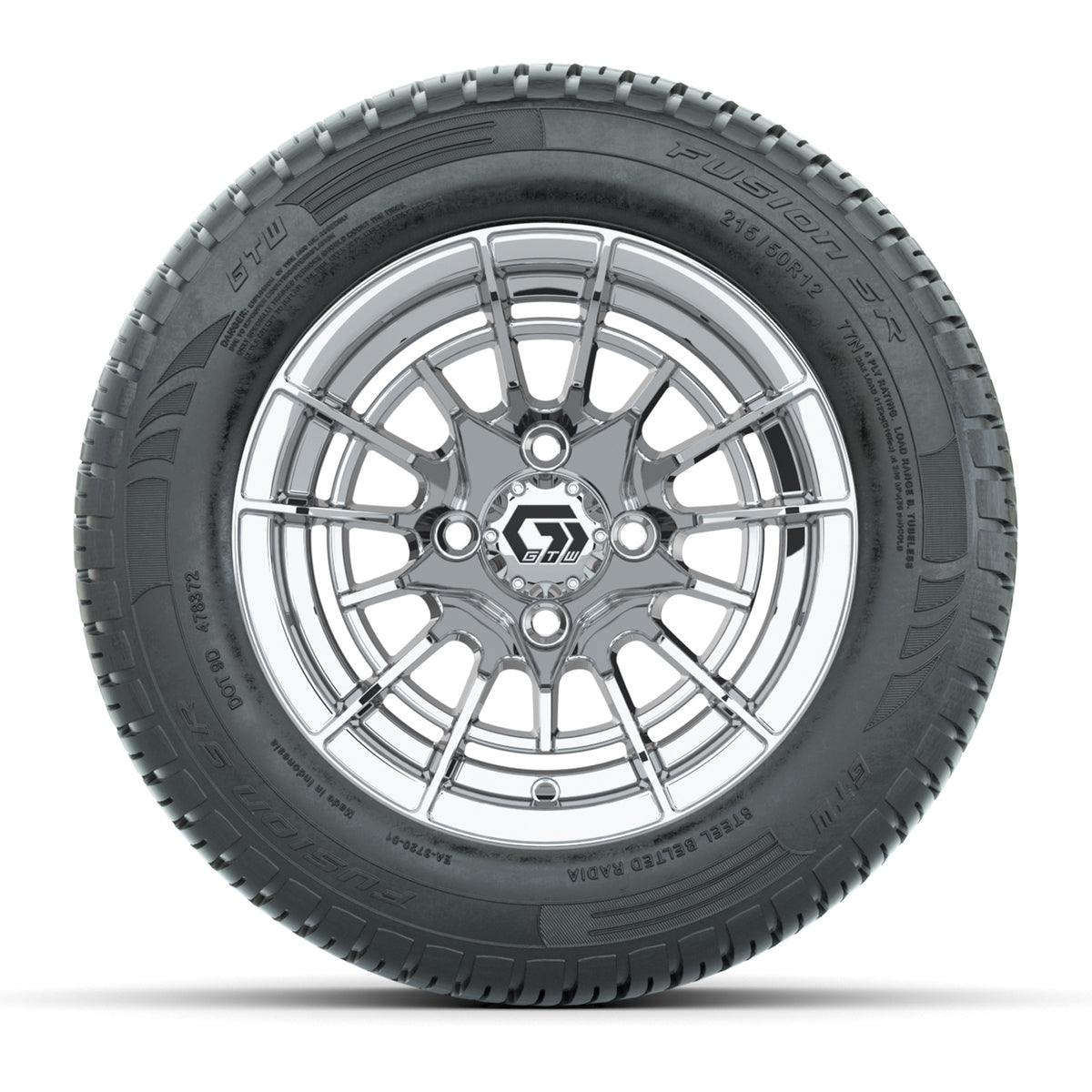 GTW® Boost Chrome 12 in Wheels with 215/50-R12 Fusion S/R Steel Belt Radial Tires Full Set