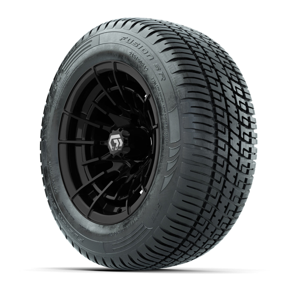 GTW® Boost Gloss Black 12 in Wheels with 215/50-R12 Fusion S/R Steel Belt Radial Tires Full Set