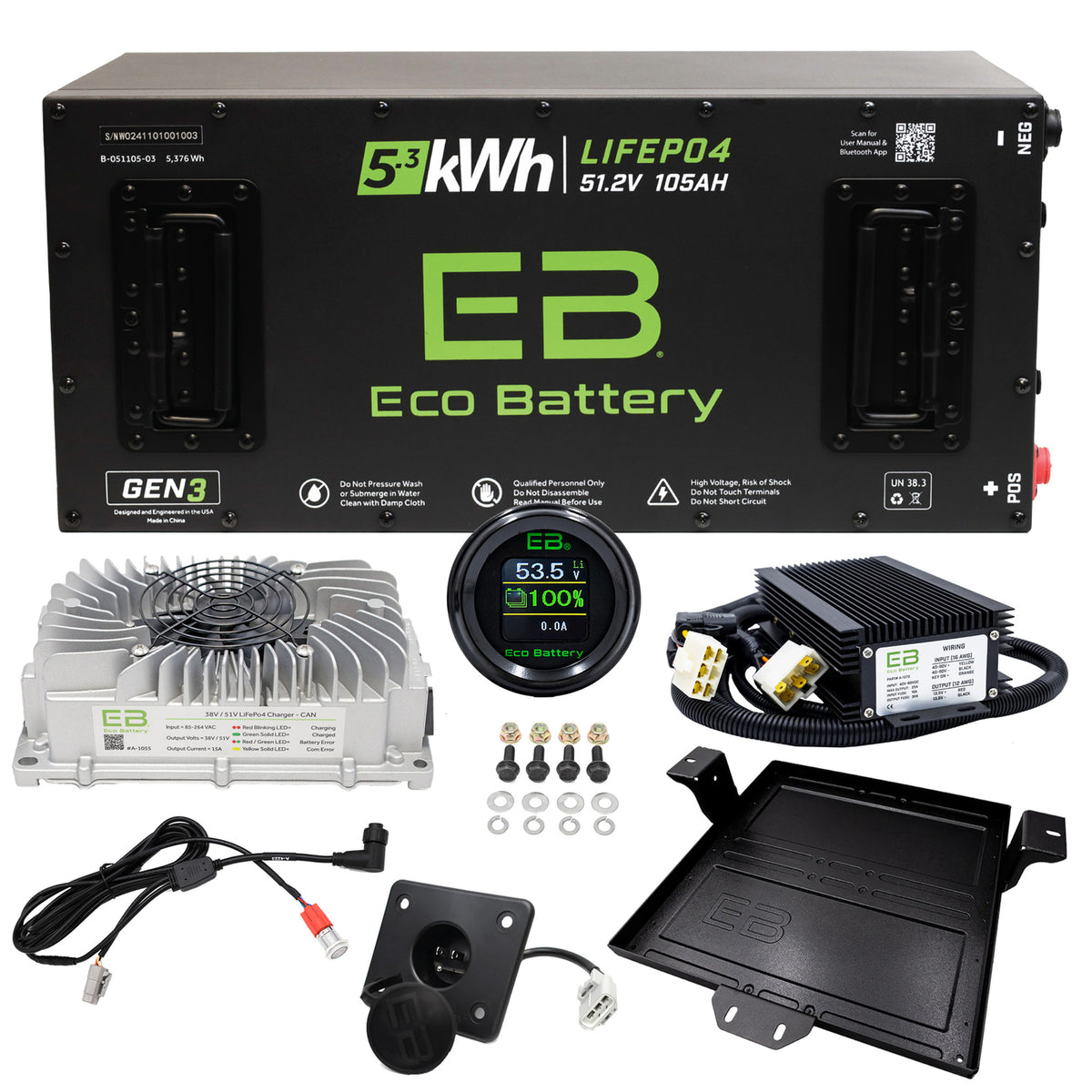 Eco Battery 51V 105aH LifePoh4 Lithium Golf Cart Battery Kit EZGO Freedom RXV Gen 3 10 Year Warranty