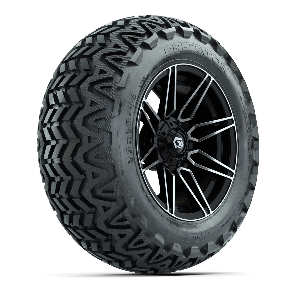 GTW® Stealth Gloss Black/Machined 14 in Wheels with 23x10-14 Predator All-Terrain Tires Full Set