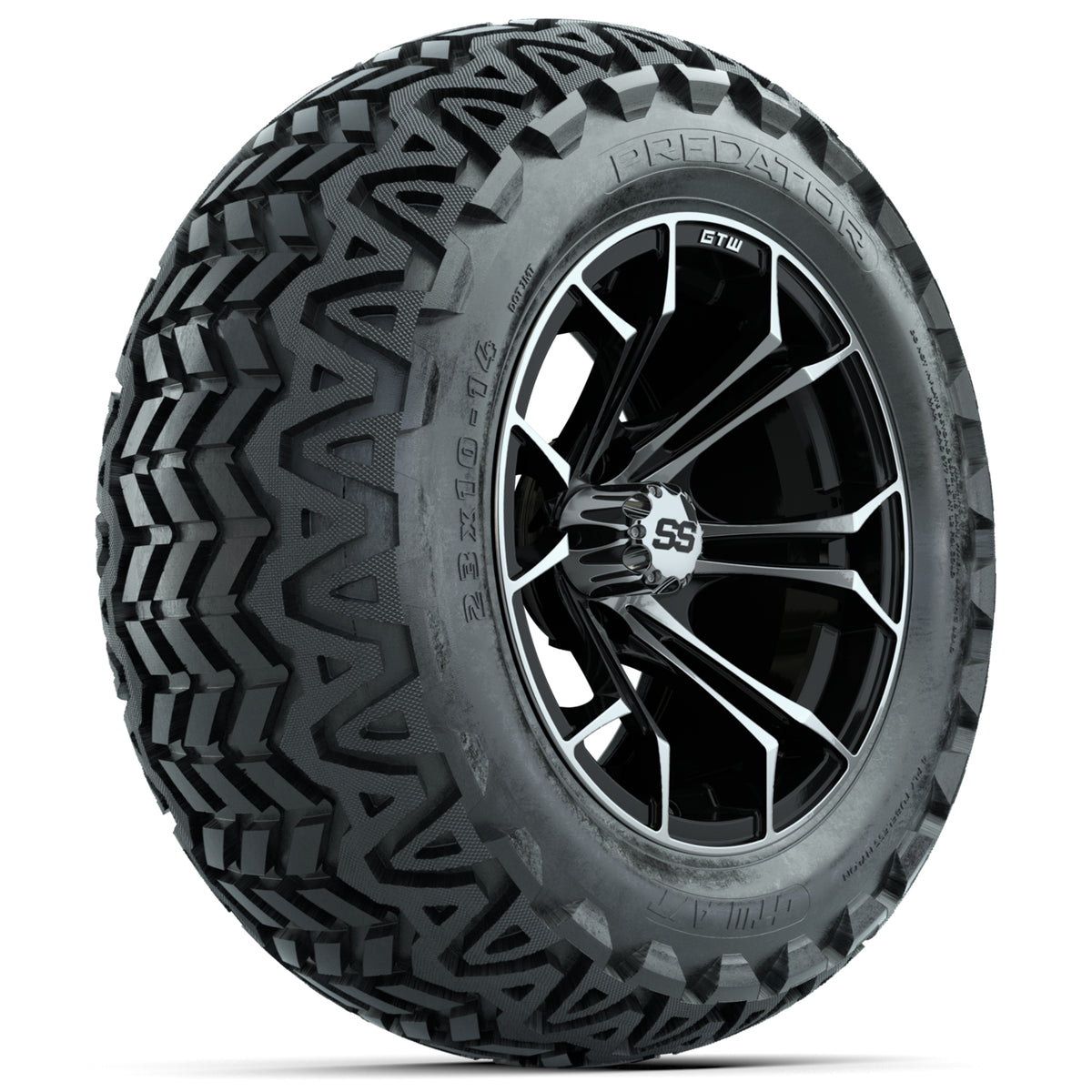 GTW Spyder Machined/Black 14 in Wheels with 23x10-14 GTW Predator All-Terrain Tires Full Set