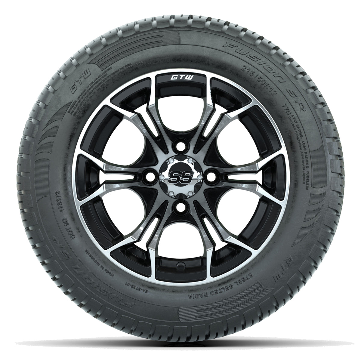 GTW Spyder Machined/Black 12" Wheels with 215/50-R12 Fusion S/R Street Tires Full Set