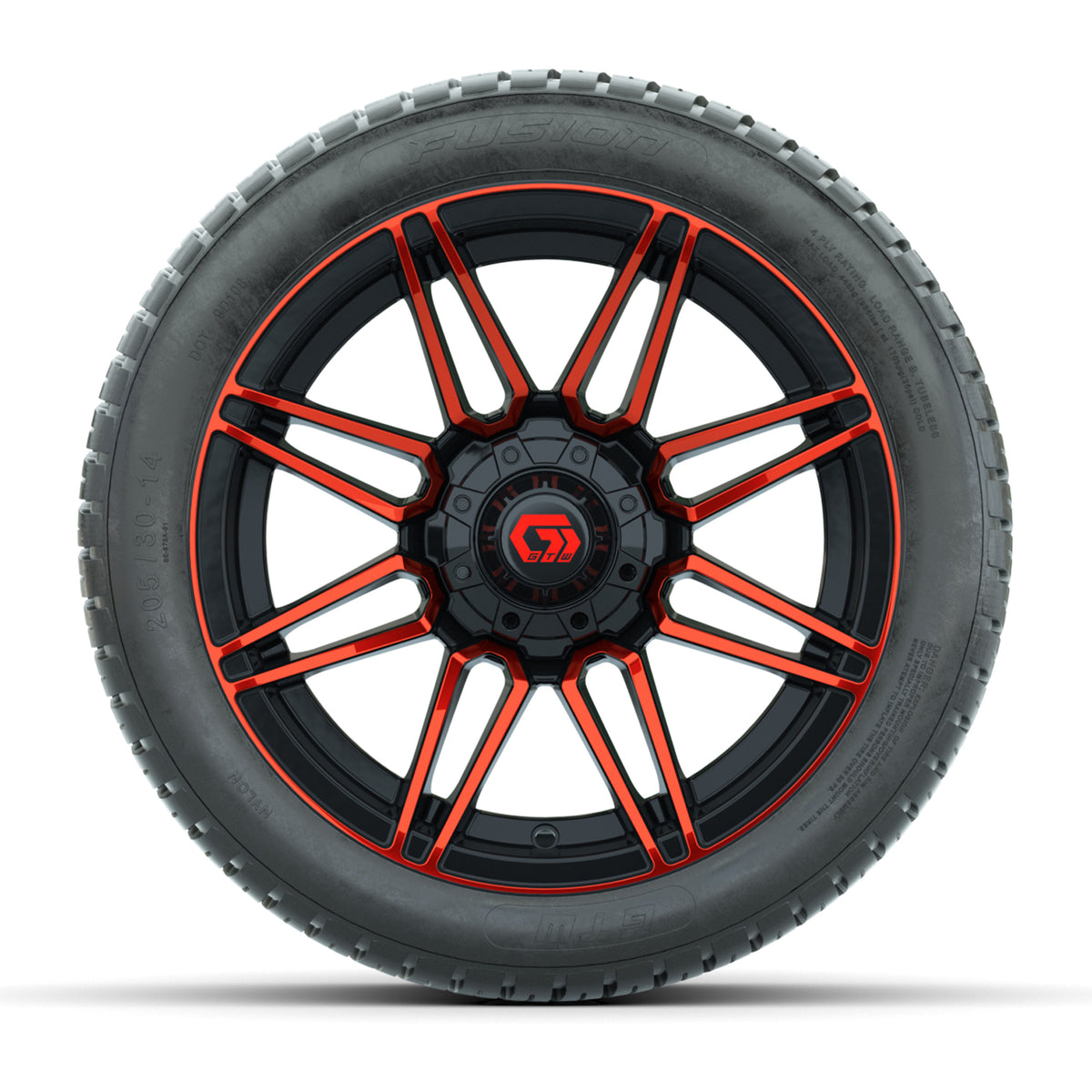 GTW® Stealth Gloss Black/Red 14 in Wheels with 205/30-14 Fusion Street Tires Full Set