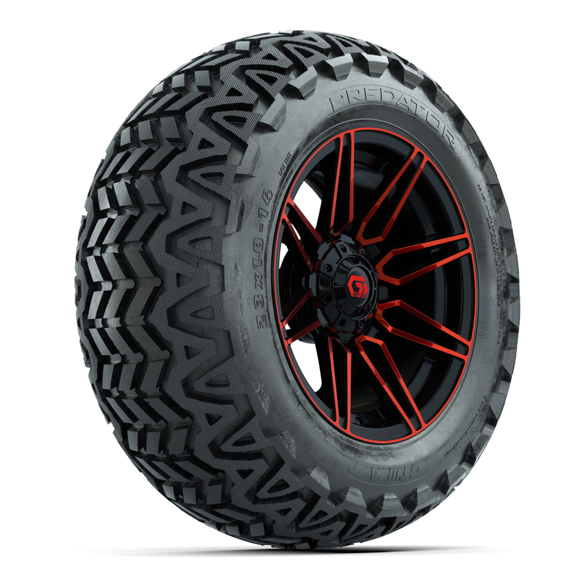 GTW® Stealth Gloss Black/Red 14 in Wheels with 23x10-14 Predator All-Terrain Tires Full Set