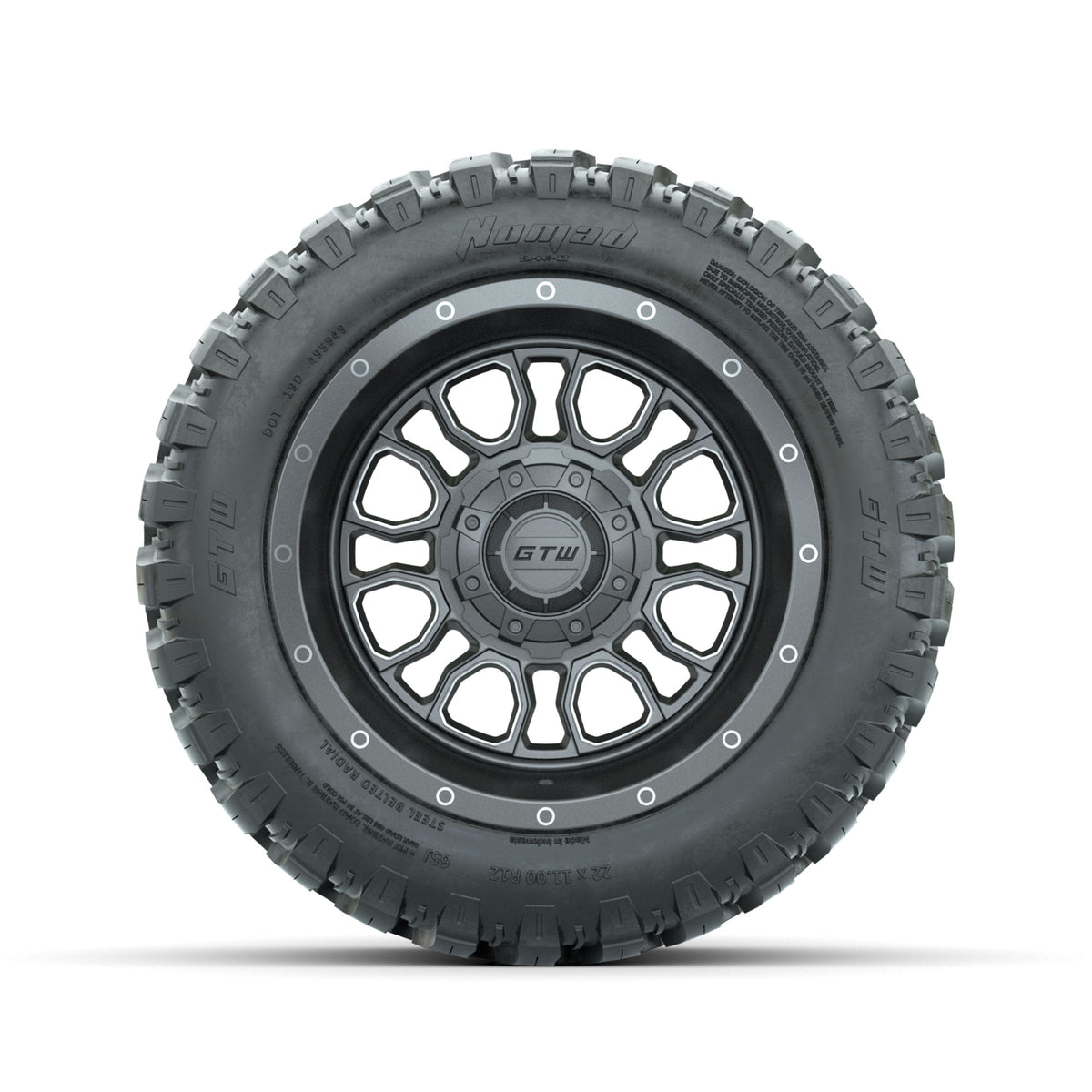 GTW Volt Gunmetal/Machined 12" Wheels with 22x11-R12 Nomad All Terrain Tires Full Set