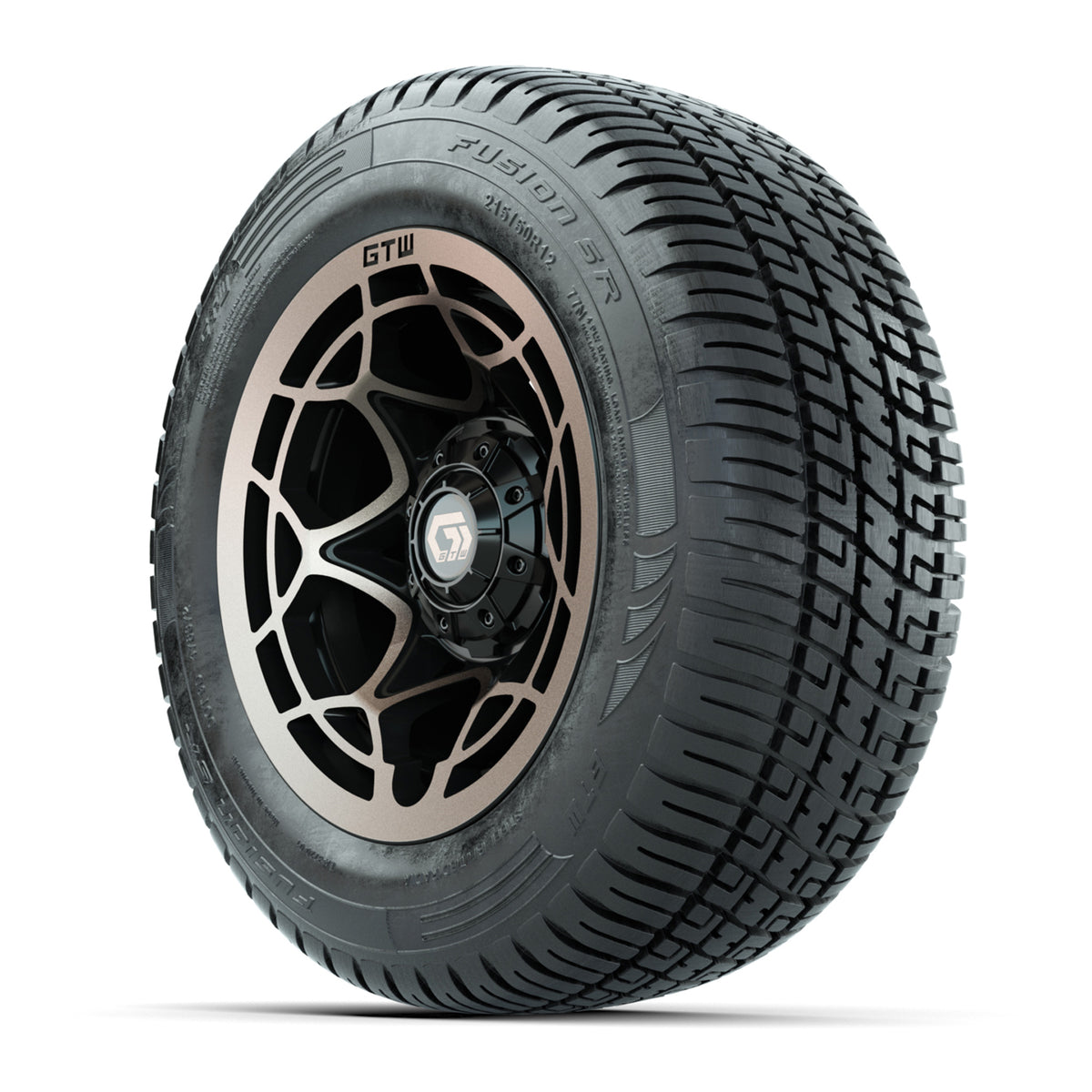 GTW® Nexus Gloss Black/Satin Bronze 12 in Wheels with 215/50-R12 Fusion S/R Steel Belt Radial Tires Full Set