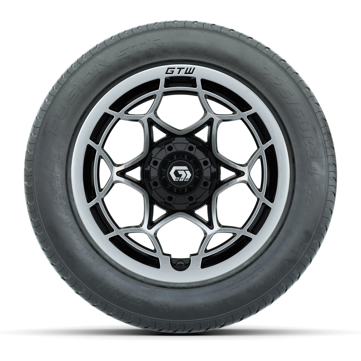 GTW® Nexus Gloss Black and Silver 14" Wheels with 225/50-R14 Fusion STR DOT Approved Street Tires - Full Set