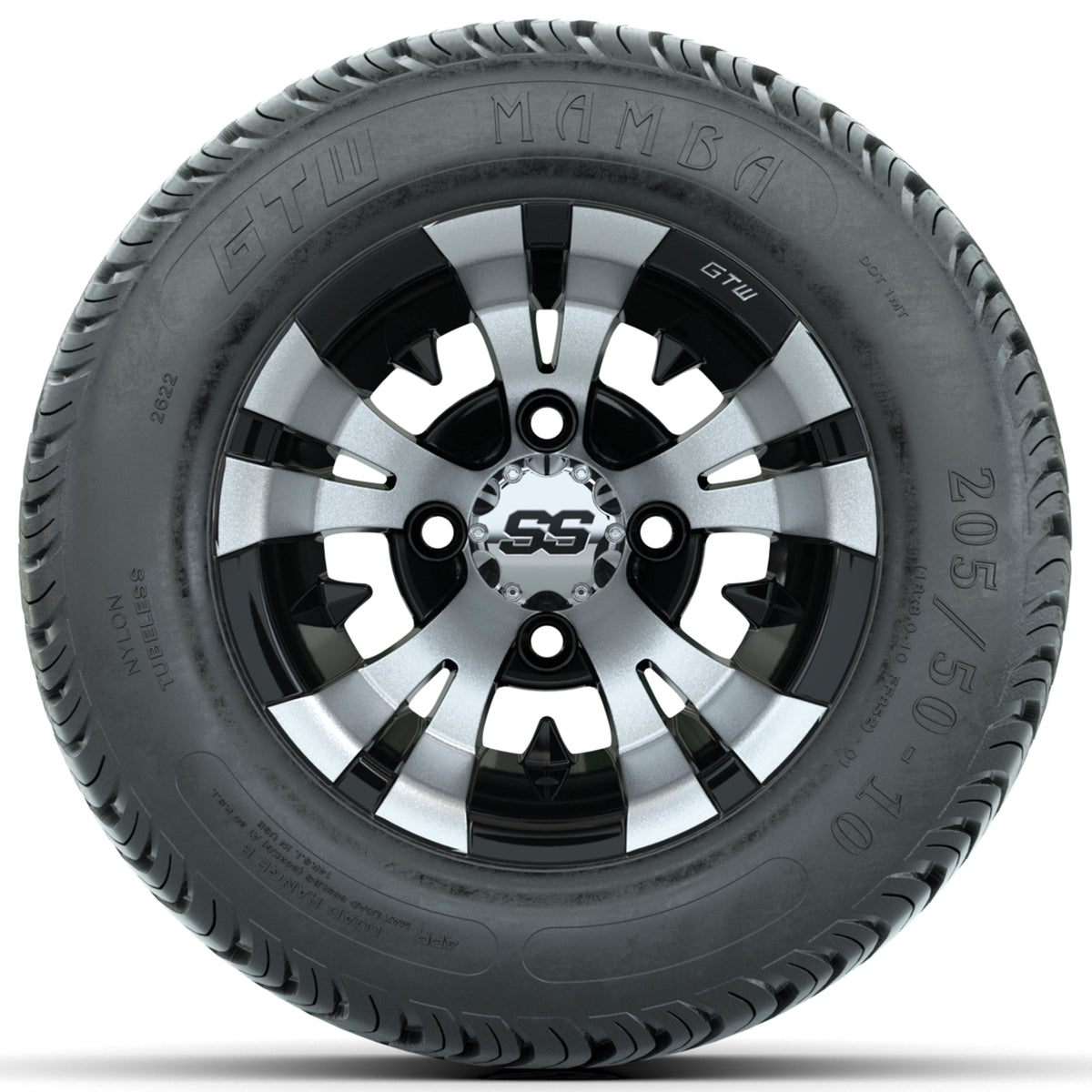 GTW Vampire Machined & Black 10" Golf Cart Wheels with 205/50-10 Mamba Street Tires – Set of 4