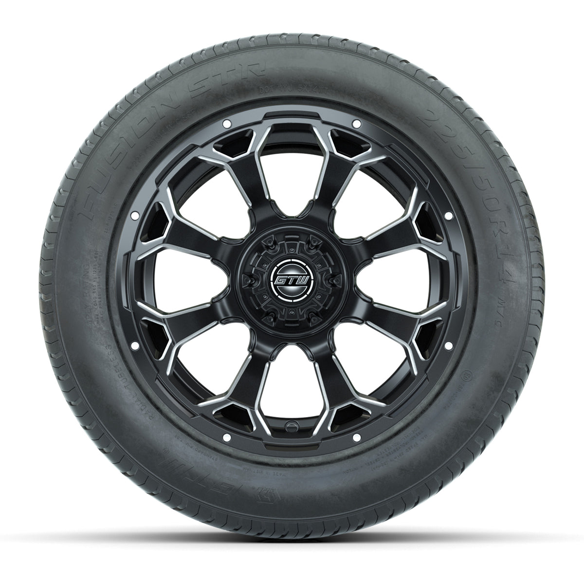 GTW® Raven Matte Black and Ball Milled 14" Wheels with 225/50-R14 Fusion STR DOT Approved Street Tires - Full Set