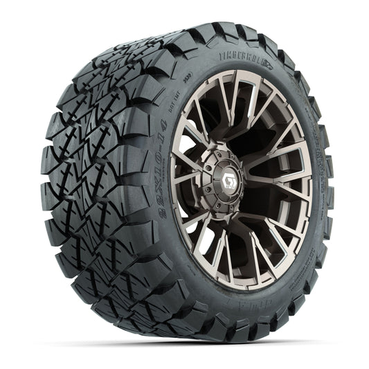 GTW® Vandal Satin Bronze/Machined 14 in Wheels with 22x10-14 Timberwolf All-Terrain Tires Full Set