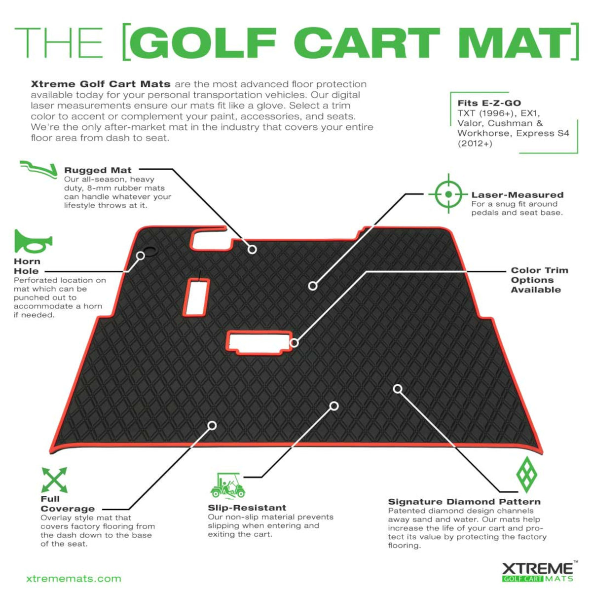 Xtreme Floor Mats for EZGO TXT / Workhorse / Express S4 / Valor / Cushman / Navitas (TXT Frame) | Black/Red