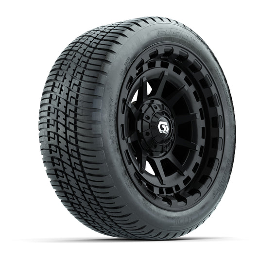 GTW® Barricade Gloss Black 14 in Wheels with 205/30-14 Fusion Street Tires Full Set